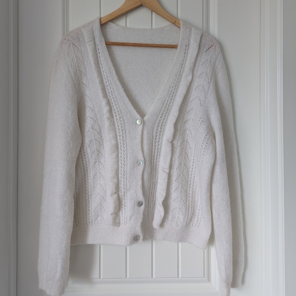 Sweaters - White Mohair V-neck Cardigen with Ruffle Crochet Detail on Front Size Large